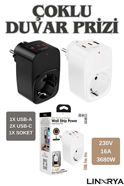 linarya AKIM KORUMALI ÇOKLU DUVAR PRİZİ 2X Type-C 1X USB Çıkışlı Priz Grup Pr...