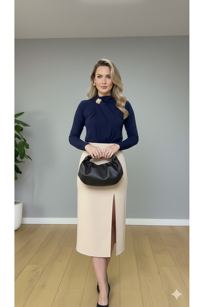 Moda Palmiss Women's Navy Blue High-Neck Long Sleeve Snap-On Bodysuit – Styli...