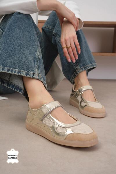 Mio Gusto Zoi Genuine Leather Gold Color Sports Mesh Ballerinas