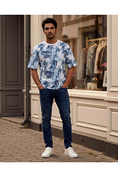 REDTAG تي شيرت رجالي مطبوع باللون الأزرق