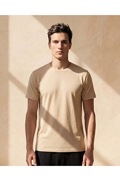 REDTAG Men Beige Solid T-Shirt