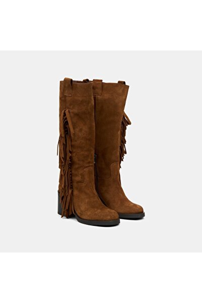 Desa Kadın Taba Püskül Detaylı Kalın Topuklu Süet Çizme