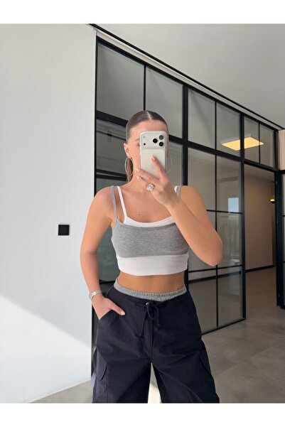 BB Bensu Buyruk Straped Double Layered Crop Blouse with Chest Pocket