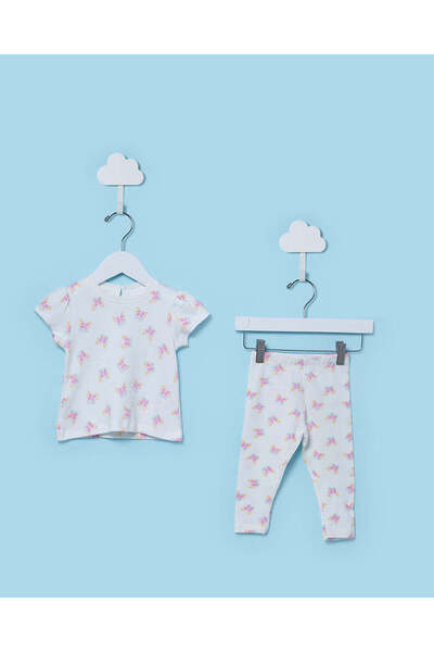 REDTAG Infant Girls White and Peach T-Shirt with Allover Print Leggings Set