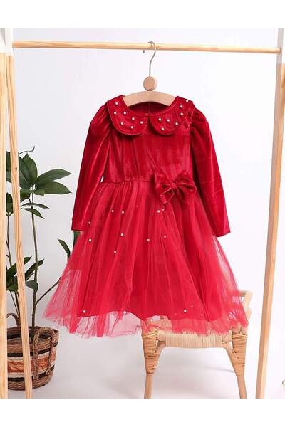 MiniKids Velvet dress with pearls and bow 122 (6-7 years)