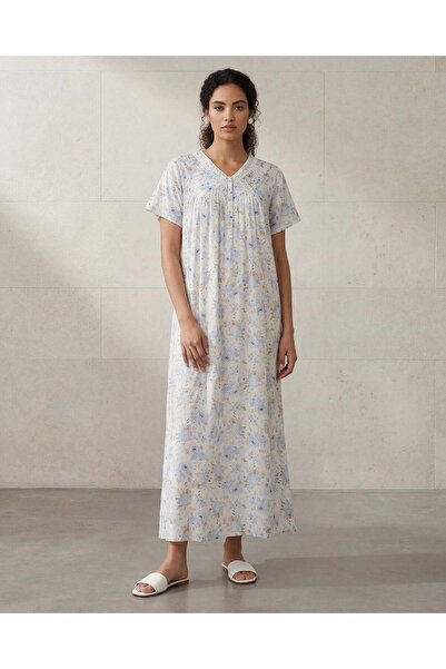 REDTAG قميص نوم نسائي أزرق بأكمام مزينة بنقوش زهور