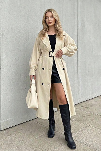 FERHEL Women's Balloon Sleeve Belt Detailed Long Trench Coat - Beige