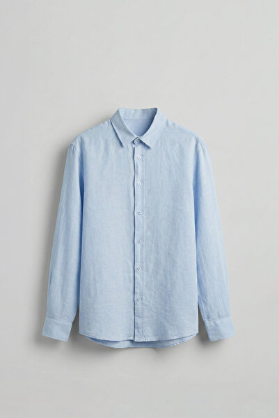 ablukaonline Men's Regular Fit Linen Basic Long Sleeve Shirt Light Blue