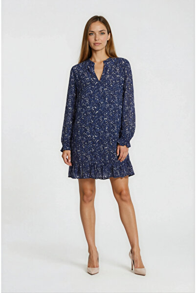 Spazio Fırfırlı Hakim Yaka Uzun Kollu Elbise LACİVERT