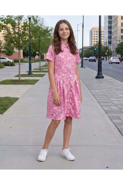 REDTAG فستان صيفي وردي اللون بأكمام قصيرة متعددة الطبقات للفتيات الكبيرات في ...