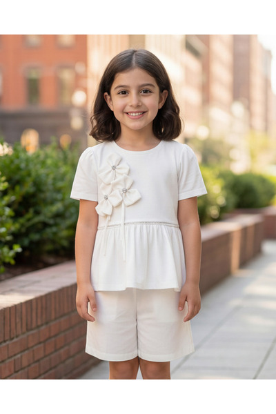 REDTAG Girls White 3D Flower Peplum Jersey Top