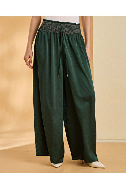 REDTAG Women Green Ruched Waist Flared Trousers