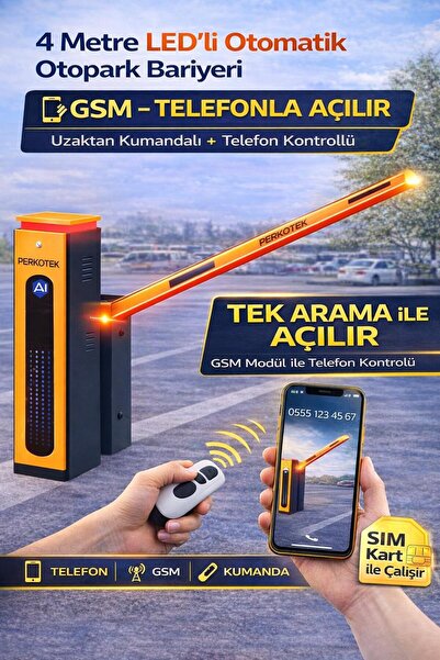 PERKOTEK 4 Metre LED’li Otomatik Otopark Bariyeri | GSM Telefonla Açma | Uzak...