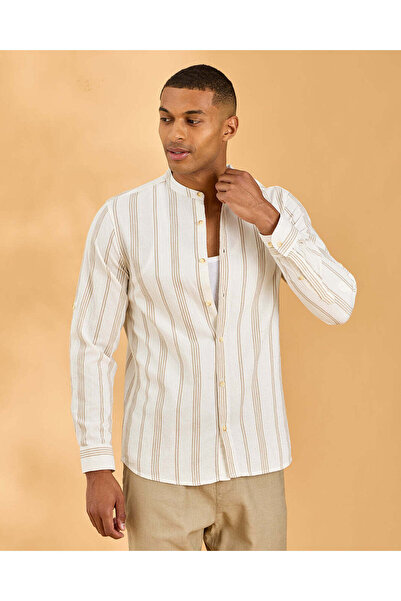 REDTAG قميص رجالي عاجي مخطط بنمط دوبي وياقة ماندرين