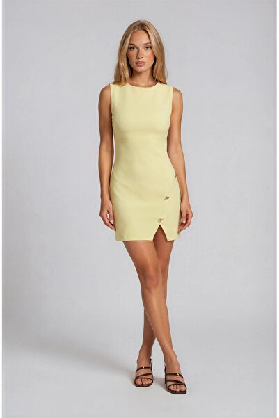 OLSAMODA Women's Slit-Ended Button-Detail Sleeveless Atlas Fabric Mini Dress