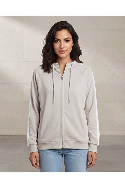 REDTAG Women Beige Hooded Zip Sweatshirt