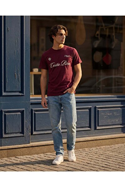 REDTAG Men Burgundy Printed T-Shirt