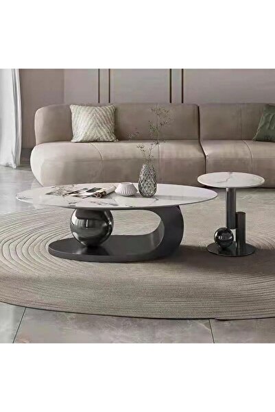 AWD Set of Two Luxury European's Style Round Oval Coffee Table in Marble Top