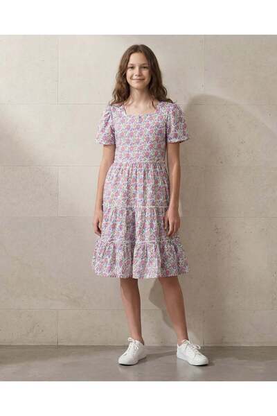 REDTAG فستان صيفي مطبوع بياقة بثنيات قَصّة على شكل A للبنات الكبيرات