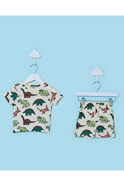 REDTAG طقم بيجاما قصير للأطفال الرضع، أسود وكريمي اللون، مطبوع رسومات ديناصور...