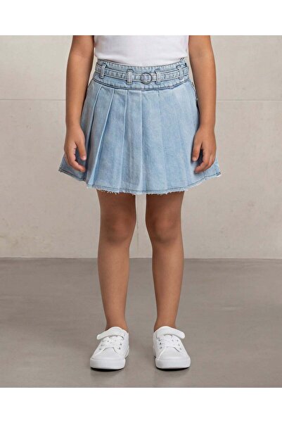 REDTAG Girls Light Wash Pleated Denim Skirt with Belt