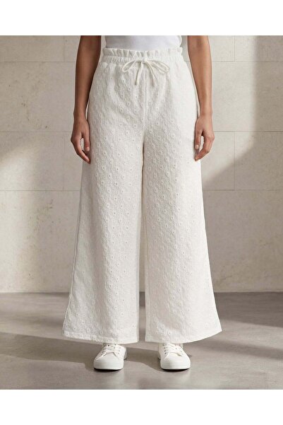 REDTAG Women’s Ivory Embroidered Relaxed Wide Leg Trousers