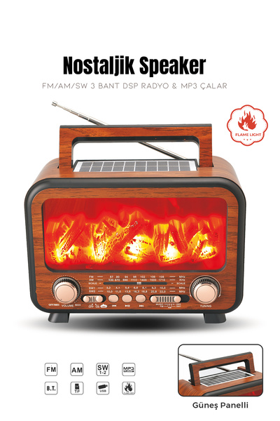 Kensa Güneş Enerjili Nostaljik Alev Efektli Şömine Tasarım Bluetooth Hoparlör...