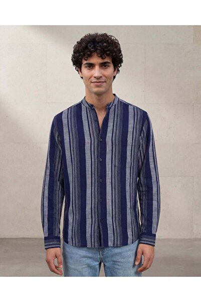 REDTAG قميص رجالي مخطط بأكمام طويلة باللون الأزرق البحري