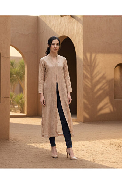 REDTAG Women’s Beige Maxi Open Front Jacket