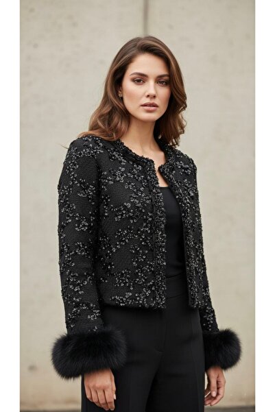 Rabiossa Kadın Payet İşlemeli ve Kürk Detaylı Buklet Ceket