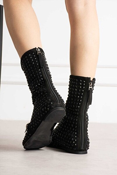 Roshin Shoes Yeni sezon kadın taşlı siyah bot topuk 1CM