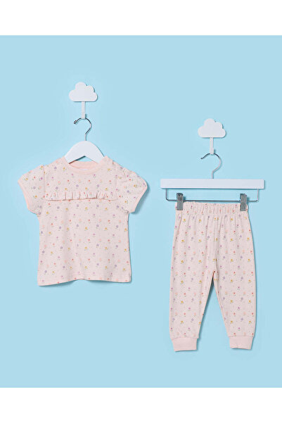REDTAG Infant Girls Pale Pink Floral Allover Print Pyjama Set With Frill
