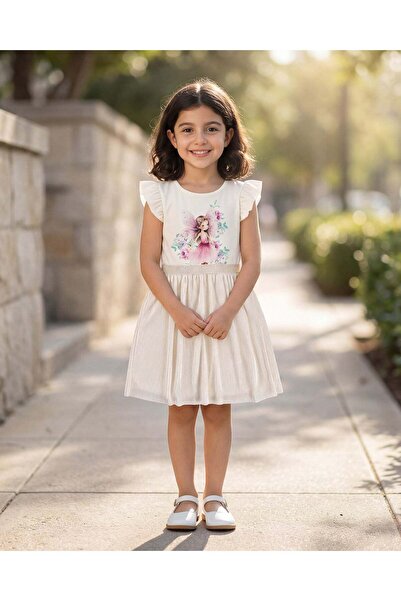 REDTAG فستان بناتي عاجي اللون بتصميم خيالي مزدوج بثنيات