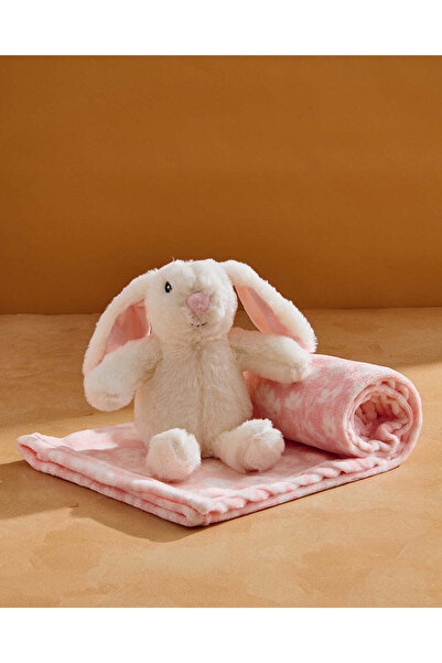 REDTAG Baby Pink Blanket With Rabbit Toy (2 Piece)