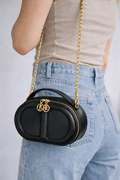 El&Ba çanta Kadın Zincir Askılı Mini Oval Omuz & Çapraz Çanta – Siyah / Krem