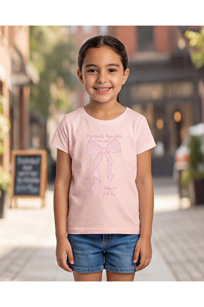 REDTAG تيشيرت بناتي بأكمام قصيرة مزين بفيونكة وردية