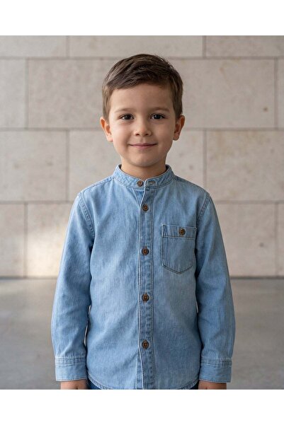 REDTAG Boys Blue Mandarin Collar Denim Shirt With T-Shirt 2 Piece