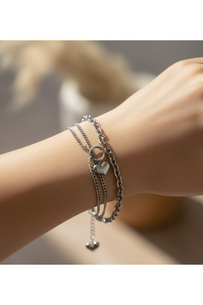 stainless steell gümüş renk zincirli büyük kalp motif çelik bileklik