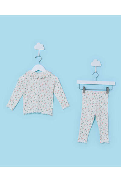 REDTAG طقم مكون من بلوزة بيضاء مزينة بنقوش زهور صغيرة وبنطال ضيق للبنات الصغيرات