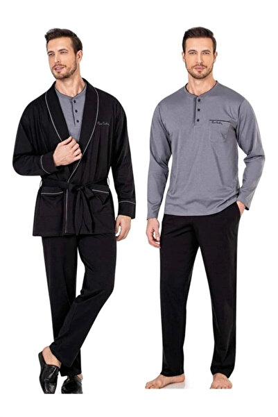 Pierre Cardin Men's 3-Piece Boxed Dowry Black Pajama Set with Dressing Gown -...