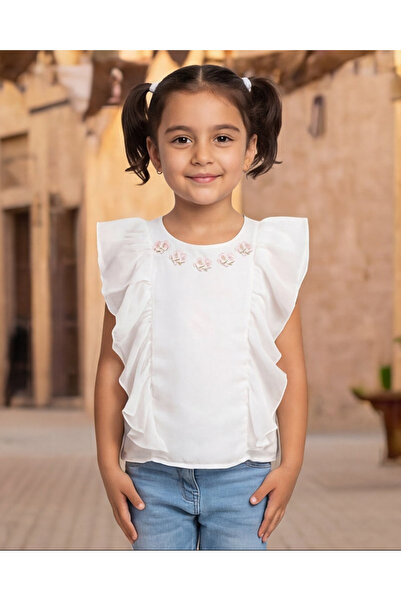REDTAG Girls White Embroidered Frill Blouse