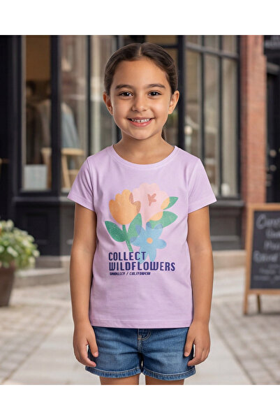 REDTAG Girls Lilac Flower Graphic T-Shirt