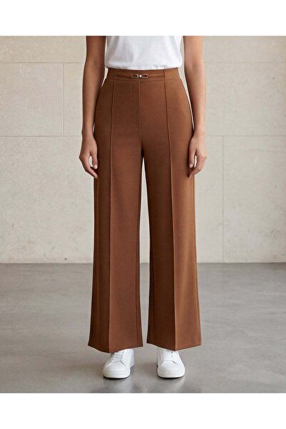 REDTAG Women Tan Plain Wide Leg Knitted Trousers