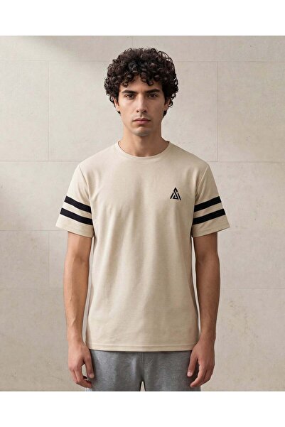 REDTAG Men Ivory Cut & Sew Ottoman T-Shirt with Contrast Sleeve Stripes