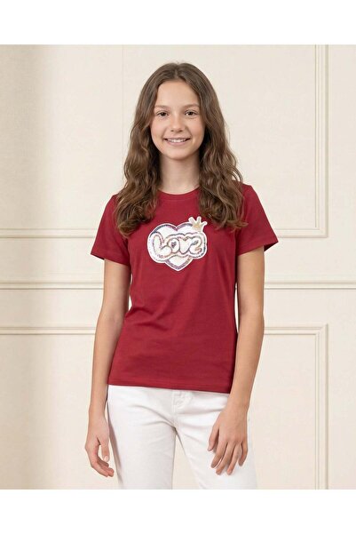 REDTAG تيشيرت قصير الأكمام مطبوع عليه نقشة بورغندي للبنات في المرحلة الثانوية