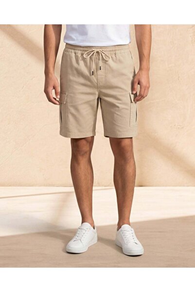 REDTAG Men Beige Cargo Knit Denim Shorts