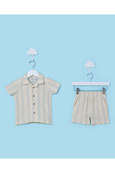 REDTAG Infant Boys Blue Jacquard Front Button Shirt - Shorts Set