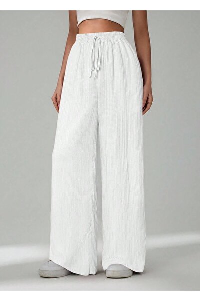 Hera Moda Women's Plain White Color Waist Tie Pocket Loose Wide Leg Casual Tr...