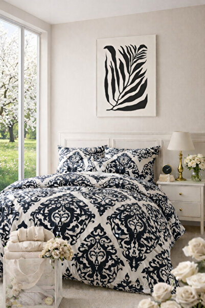 İQON Elastic Sheet Duvet Cover Set Single Size Damascoo Black