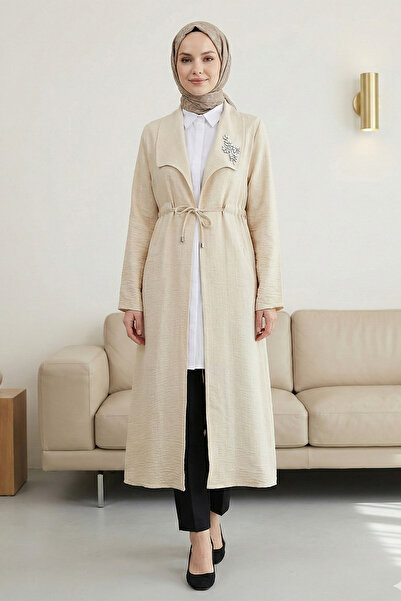 FERHEL Women's Stone Embellished Waist-Tie Linen Cap - Beige